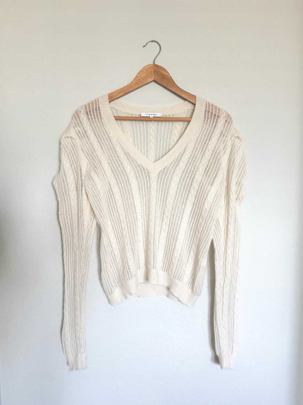 Frame Pointelle Cable Knit Puff Shoulder Cashmere Sweater M medium Off White